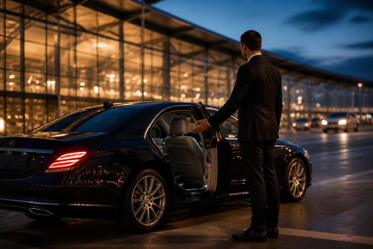 Chauffeur opent het portier bij de luchthaven