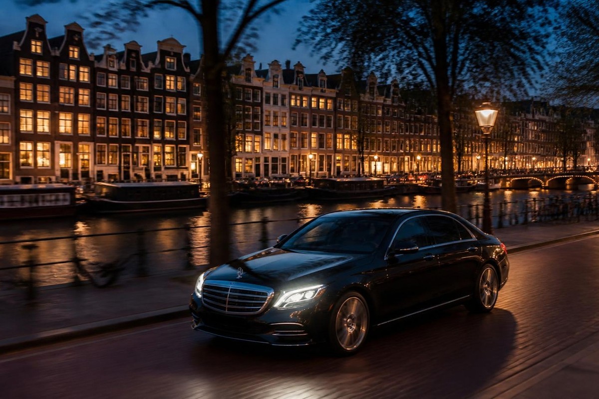 Premium taxi bij een Amsterdamse gracht in de avond