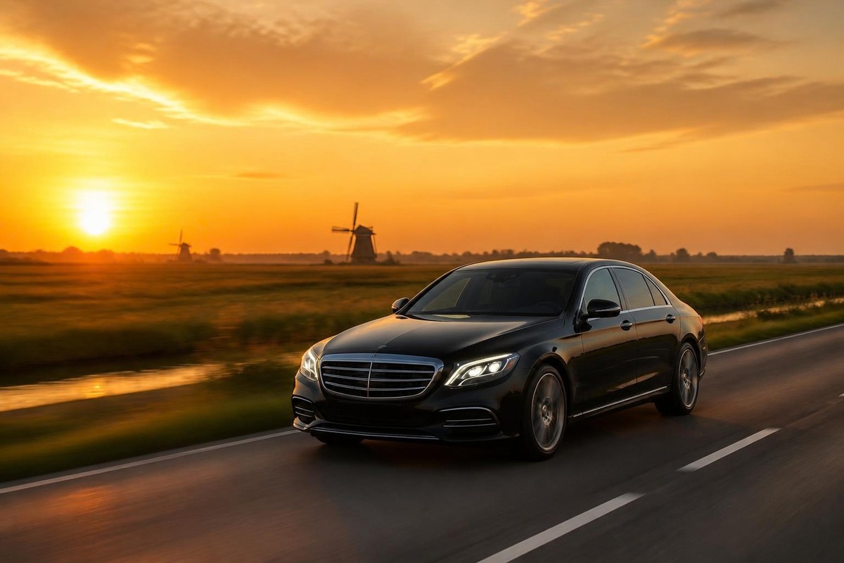 Premium taxi onderweg bij zonsondergang